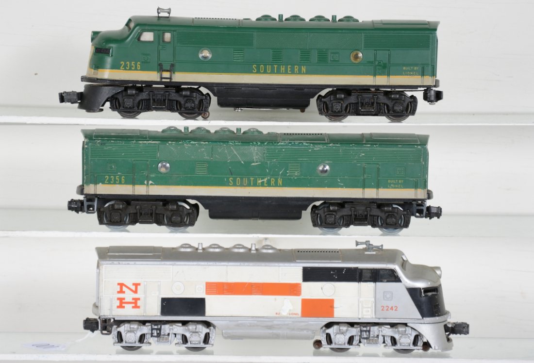 Lionel F3 Diesel Lot: Includes a 2356 Southern A diesel on restored single motor chassis, shell is C7; 2356C B-Unit C5; 2242 NH on a 2353 dummy frame, shell is C5