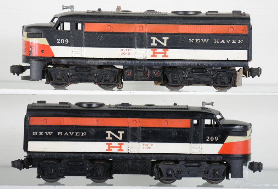 Scarce Lionel 209 NH Alco Diesels: 1958 only production, clean and bright with broken cowls. Some decal chips on power shell, otherwise appear C6