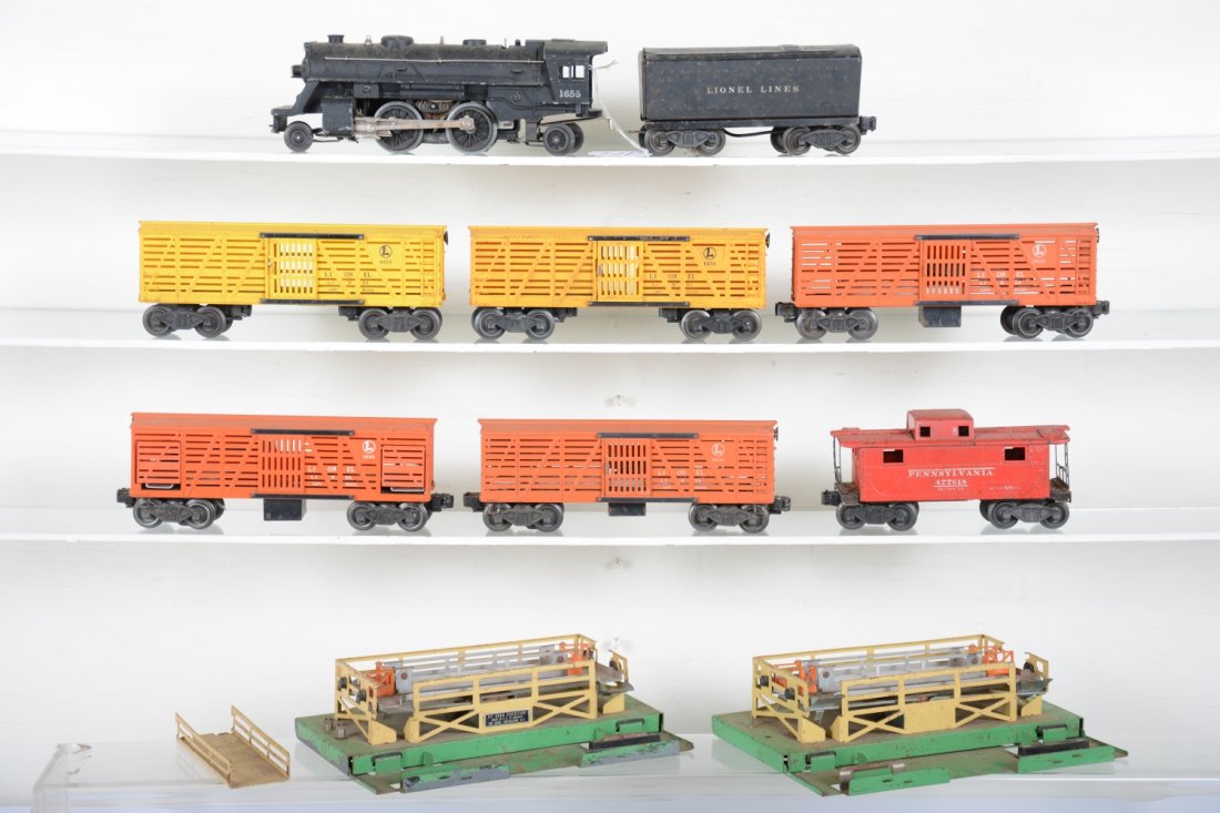 Lionel 1655 Steam Cattle Train: Great set for your western stock yards. Includes a 1655 cast steam loco; 1654W tender; 2 #6656 stock cars; 3 #3656 operating stock cars, clean C6+-7; 2 worn incomplete corals, C3; 2672 caboose. Rest s