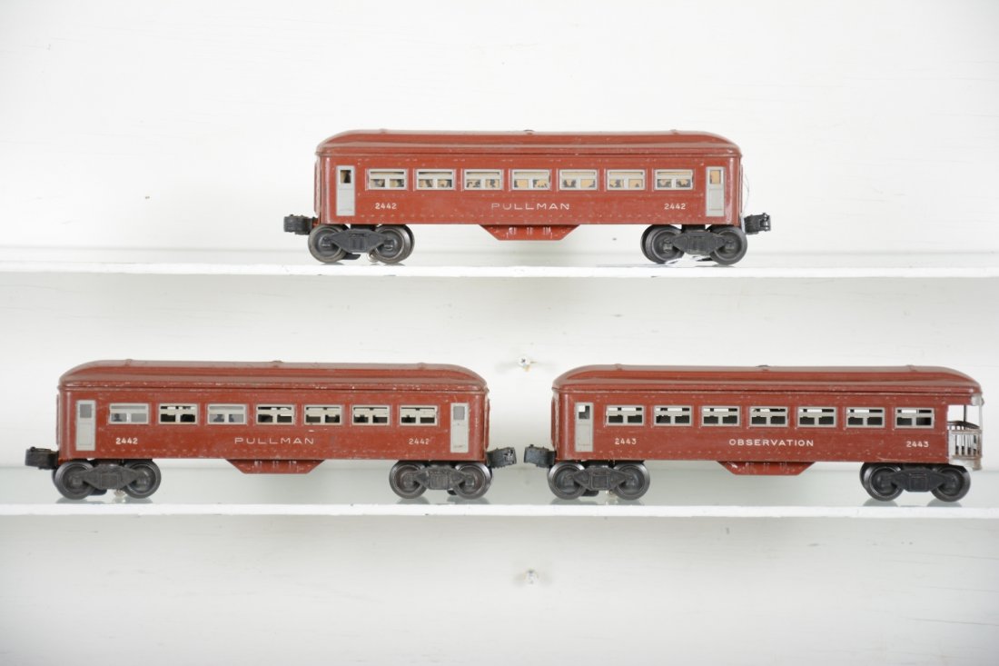 Early Lionel Passenger Cars: Includes 2 #2442 Pullmans, 1 is C5+; 2443 observation. Rest are shiny and show light to moderate playwear, C7