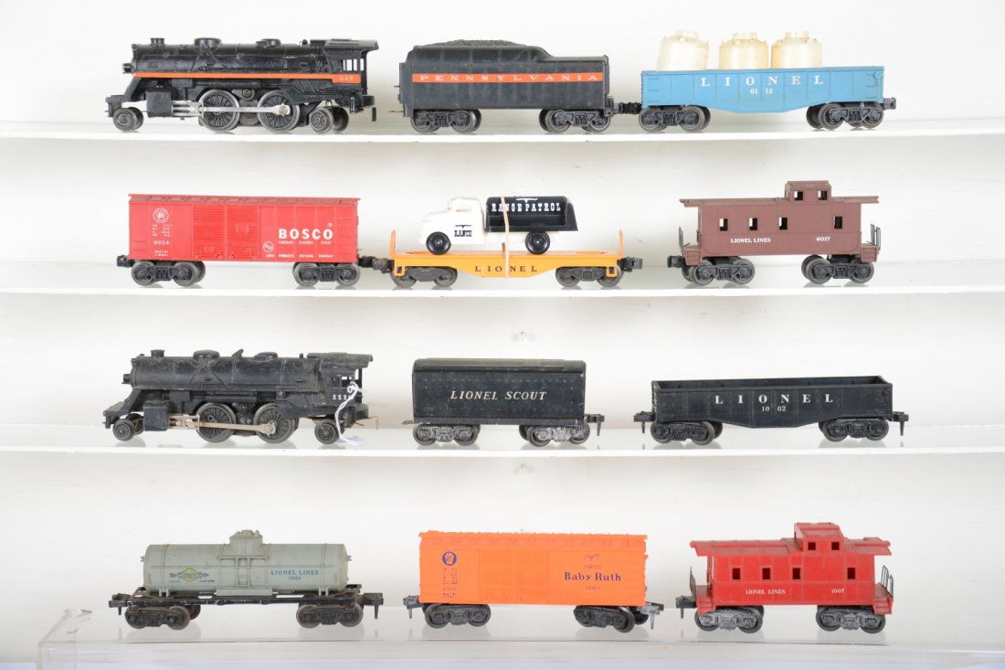 4 Lionel Train Sets: Includes 1958 set (1590) with a 249 steam loco, clear coated; 249T PRR tender; 6112 gondola with canisters; 6014 Bosco boxcar; 6151 flat with repro range patrol truck; 6017 caboose. Next is a 1100 ste