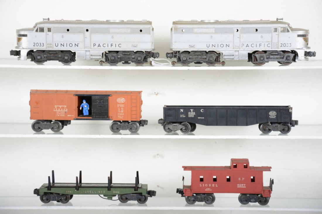 Lionel 2033 Double Diesel Freight Set: Includes a 2033 UP Alco AA diesels, battery box is clean, dummy rear steps replaced; 3464 NYC operating boxcar, missing plunger, repro man; 64652 gondola; 3461-25 lumber car, missing brake wheel; 6257