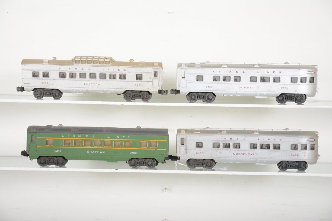 Lionel Passenger Cars: Includes a 2402 Chatham Pullman, small nick on 1 lower corner; 2432 Clifton red lettered vista-dome; 2436 Summit observation; 2436 Moosehart observation. All show moderate playwear, C5+-6