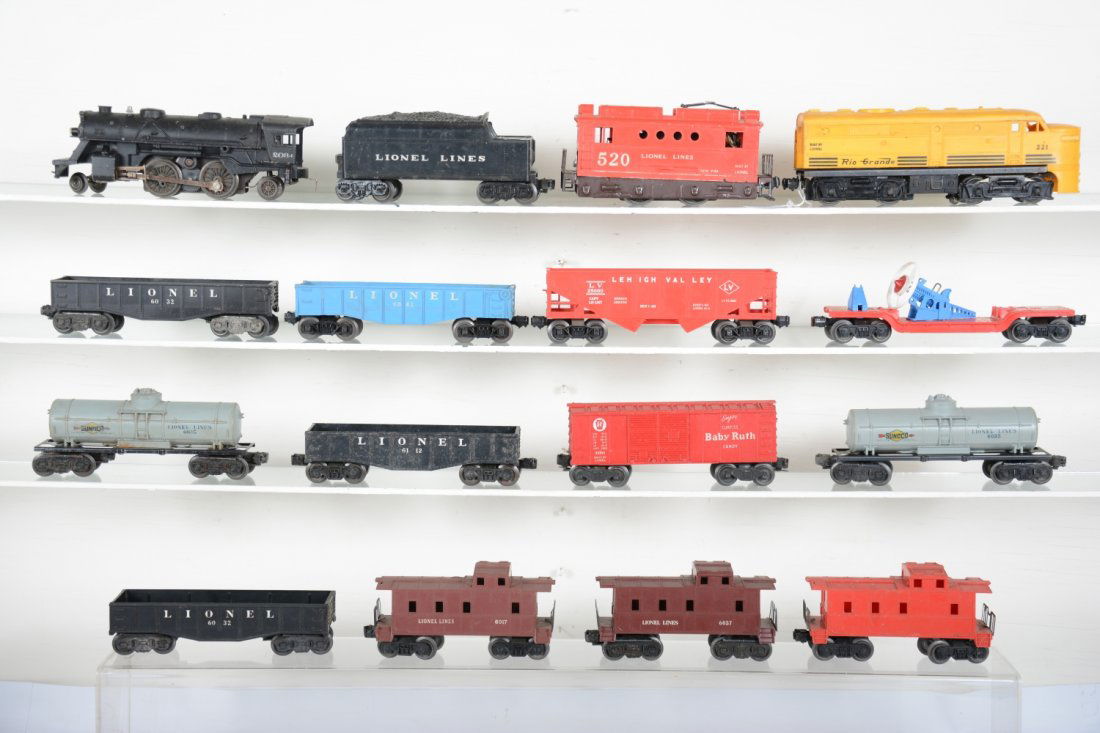3 Lionel Cataloged Sets: Includes set(11321) with 221 RG Alco; 6042 gondola; 3309 turbo launcher; 6076 hopper; (6167) caboose; next set 1542 with 520 boxcab electric, cab chipped, but complete pantograph; 6012 gondola; 6014 b