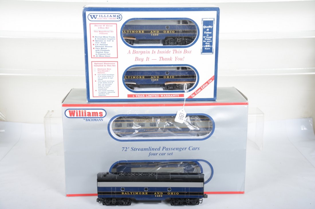 Williams B&O Diesel Passenger Set: Includes a nice F7 ABA diesel set, no B-unit box; with 4-car matching streamline 60' cars. All show light runtime with C9 bodies, rest with boxes.