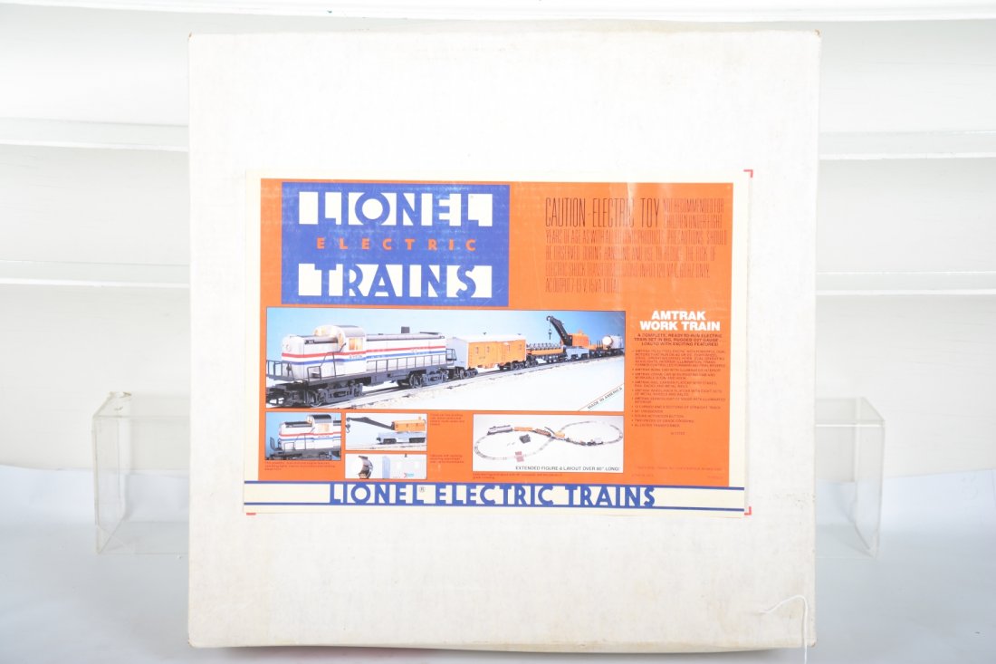 Lionel 11723 Amtrak Work Train Set: Nice set with an Amtrak RS3, bunk car; crane car; wheel car; flat car & searchlight work caboose. All show light runtime with C9 bodies, transformer, grade crossing, just missing track. All have boxes