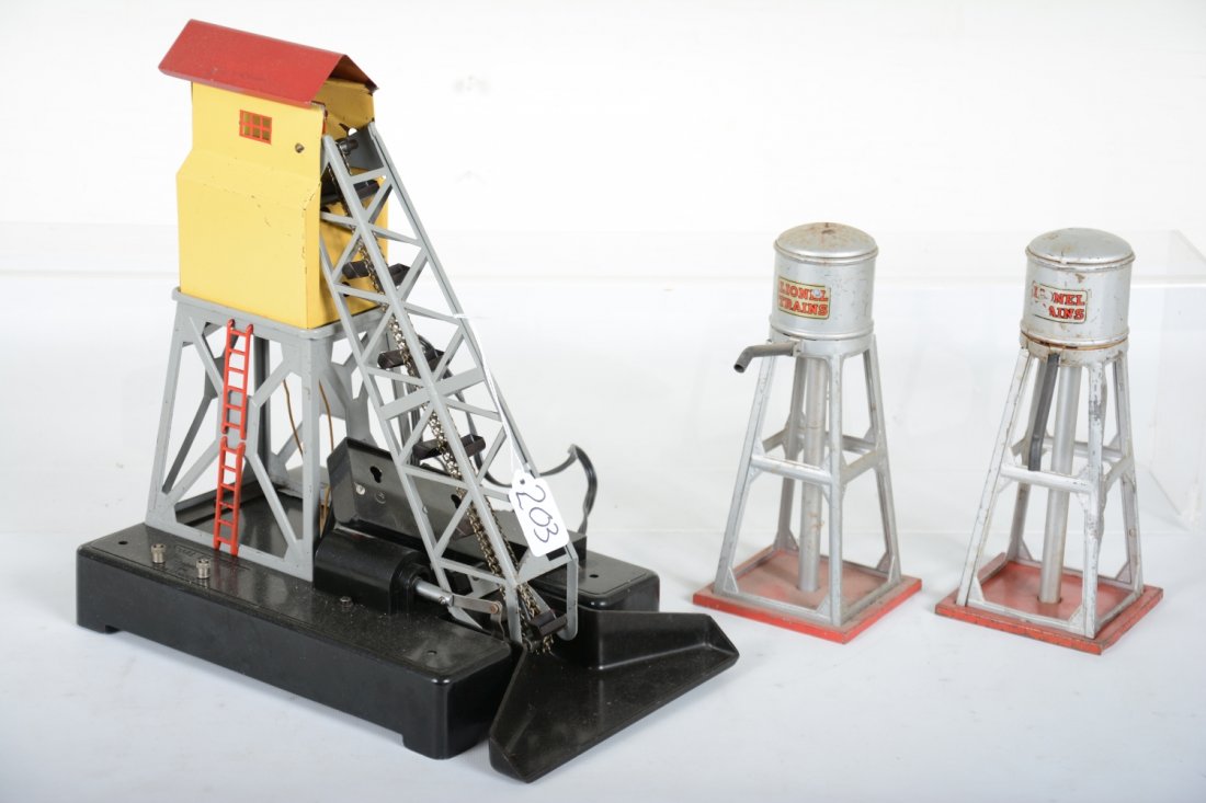 Lionel Pre War 97 & 2 #93s: Includes a 97 coal elevator, scarce 92 gray version, 1942 only, restored roof, C7; 2 #93 water tanks, C5+-6