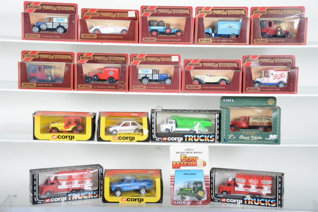 Boxed Matchbox & Corgi Vehicles, Plus: Matchbox MOYs , include 2 #Y28 taxis; Y21 Ford; Y20 Mercedes; Y26 Crosley; Y30 LKW Mack; Y22 Ford; Y21 Ford; Y12 Ford; Y19 Auburn; Corgi- 453 Escort 1600; 448 Jeep; 1152 dump truck; 495 Mazda pick-up;