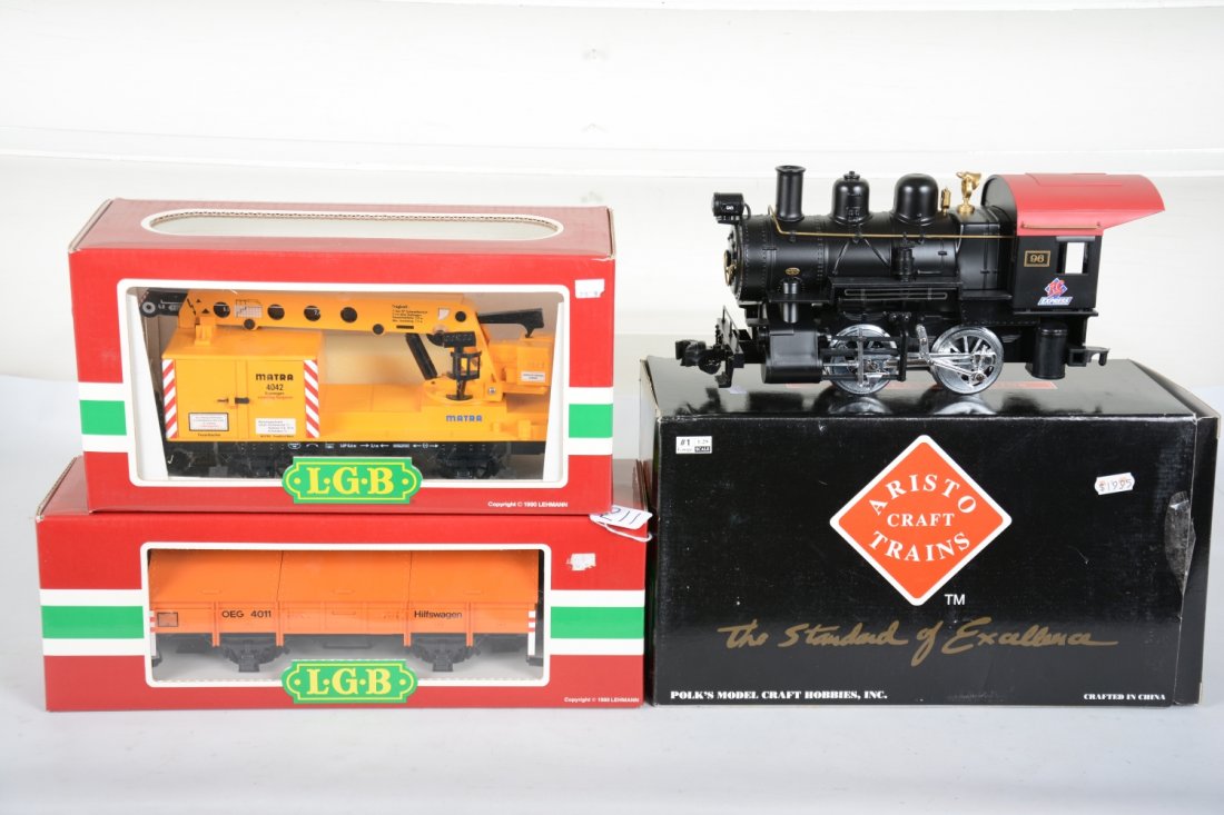 G Gauge Train Set: Includes an Aristocraft 21297 RC Cola steam switcher, C10; LGB 4042 crane car; 4011 salt car, both obs C9
