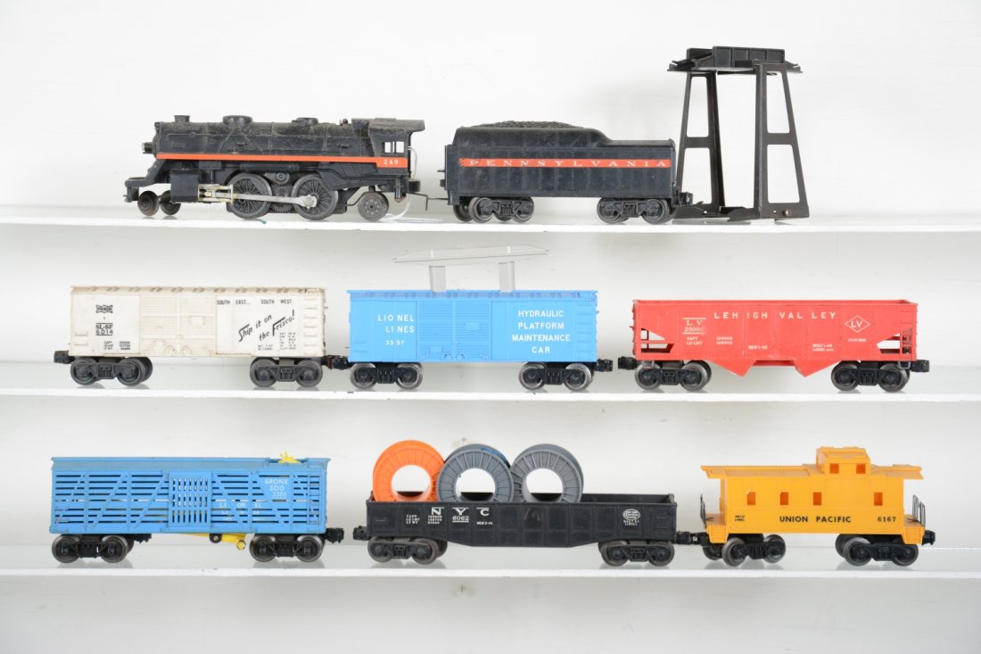 Lionel 249 Steam Freight Set: Includes a 249 steam loco; 249T PRR tender; 6014 Frisco boxcar, translucent late version; 3357 maintenance car with bridge, no figurers; 7476 LV hopper; 6002 gondola with 3 reels, 1 with wire; scarce 