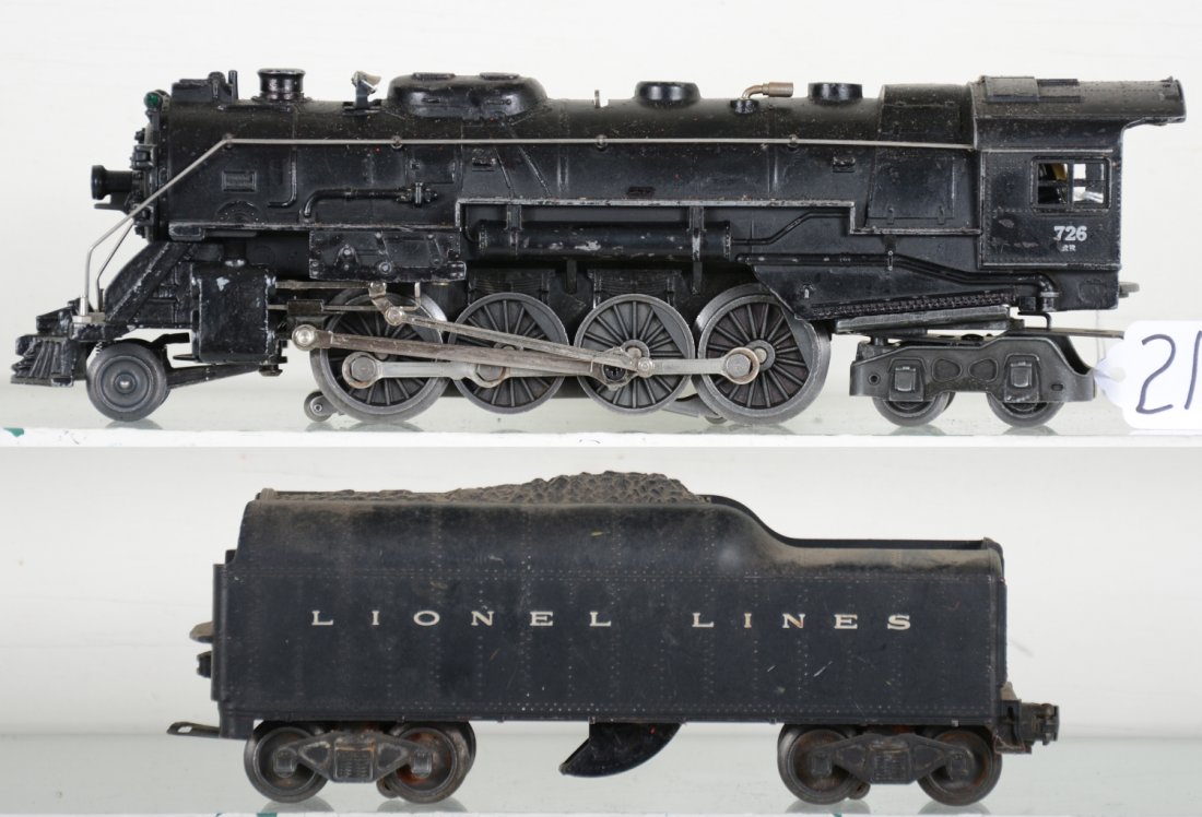 Lionel 726RR Berkshire Locomotive: 1952 production. Clean 2-8-4 steam loco with nice cab lettering; 2046W tender with 1 broken step & light oxidation on frame, rewired. Broth show moderate playwear, C5-6