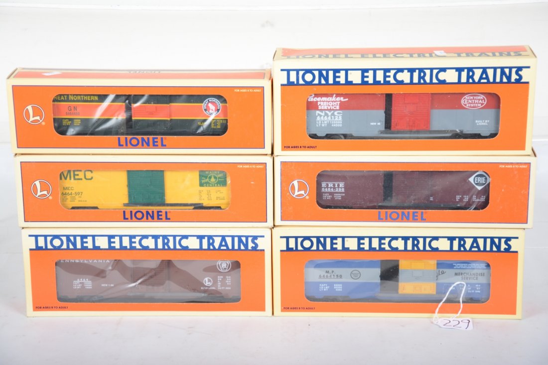Lionel Modern 6464 Boxcars F: Includes 19268 MP; 29210 GN; 19283 Erie; 19267 NYC; 19275 PRR; 29203 MC, all are new in boxes, C10