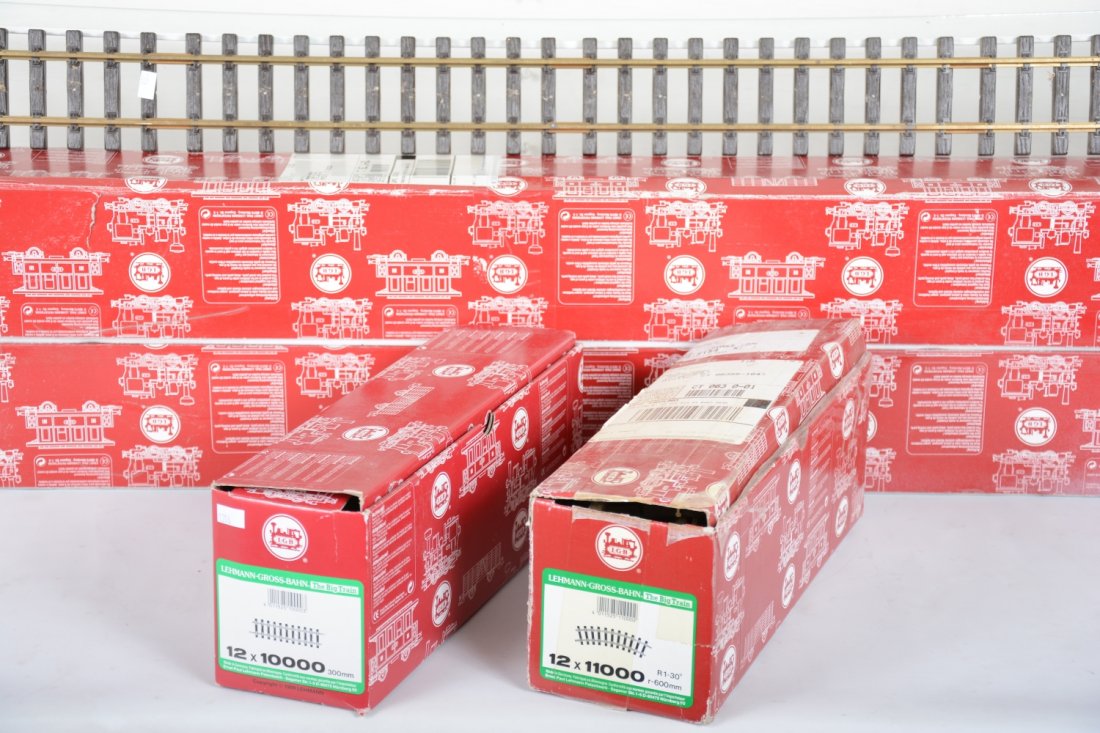 LGB G Gauge Track: Includes 2 #10610 48" straight tracks with a loose single piece that’s dirty; 12 X 11000 curves; 12 X 10000 straights, rest appear like new with boxes taped. Heavy and large, so watch shipping costs