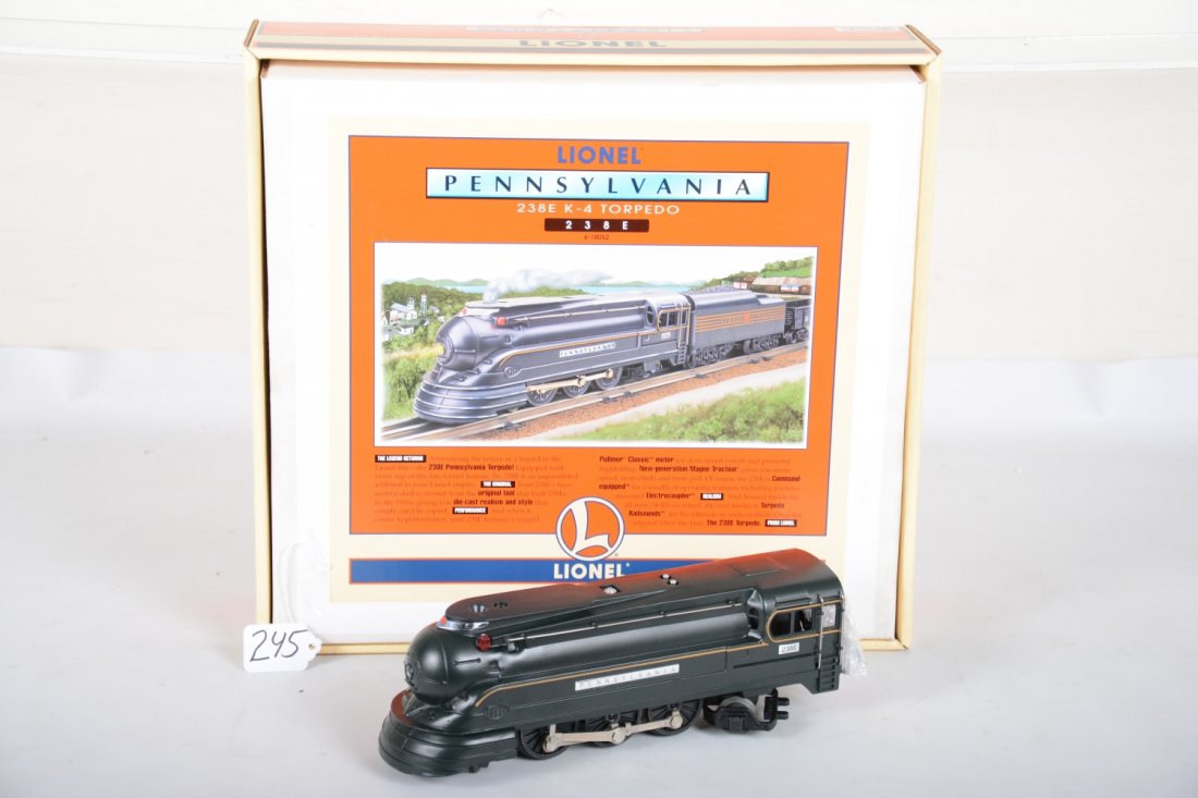 Lionel 18052 238E PRR Torpedo Loco: Nice modern version of the pre war 238E. It is Command equipped with Torpedo RailSounds. It is new in box, C10