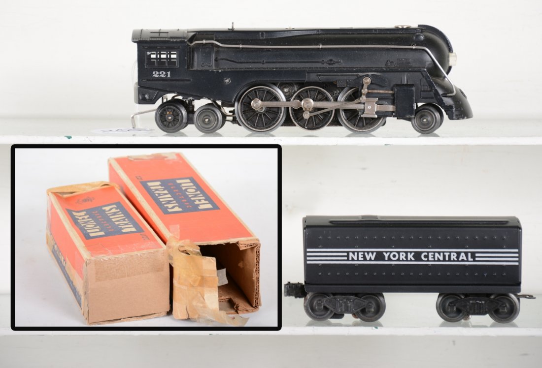 Boxed Lionel 221 NYC Dreyfuss Hudson: Includes a clean 221 steam loco, clean satin patina with bright rod, C8s; 221W NYC tender, pro restoration, both have worn boxes.