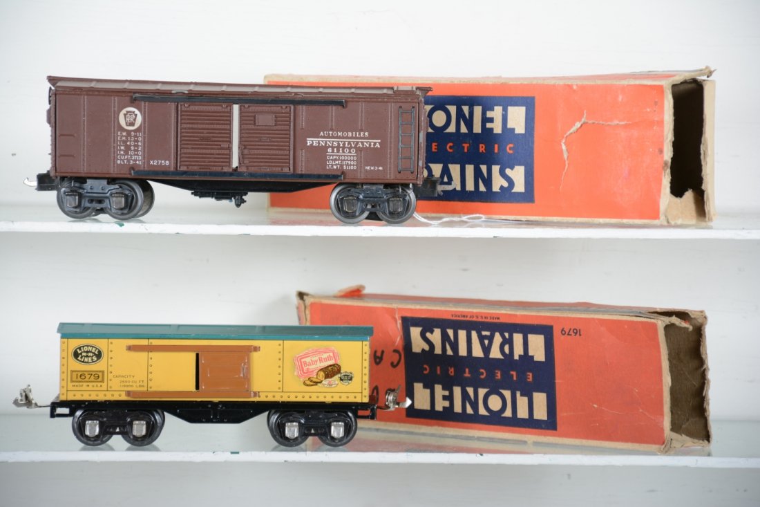 Boxed Lionel 2758 & 1679: Includes a nice 2758 PRR boxcar & 1679 Baby Ruth boxcar. Both show light playwear with boxes showing wear, C8