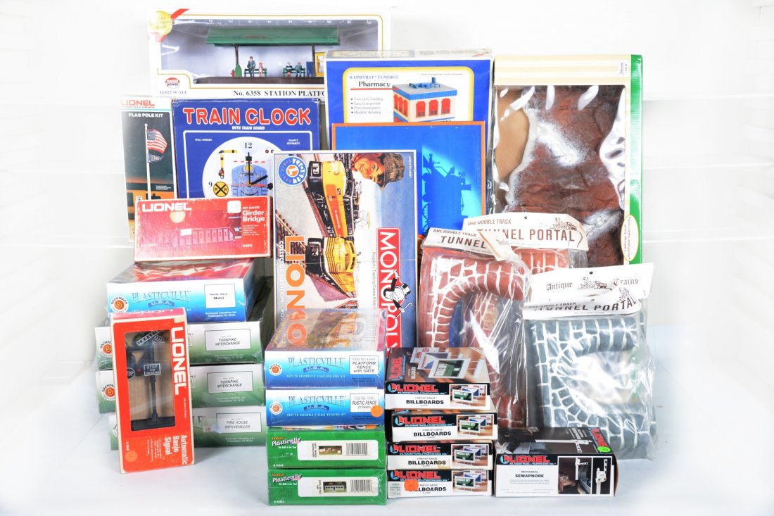 Modern Train Layout Accessories: Includes Lemax mountain; 4 tunnel portals; Model power O station platform; Lionel 2214 girder bridge; 2140 banjo signal; 2320 flag pole; 4 #12707 billboards; 2311 semaphore; generic train clock; Lione