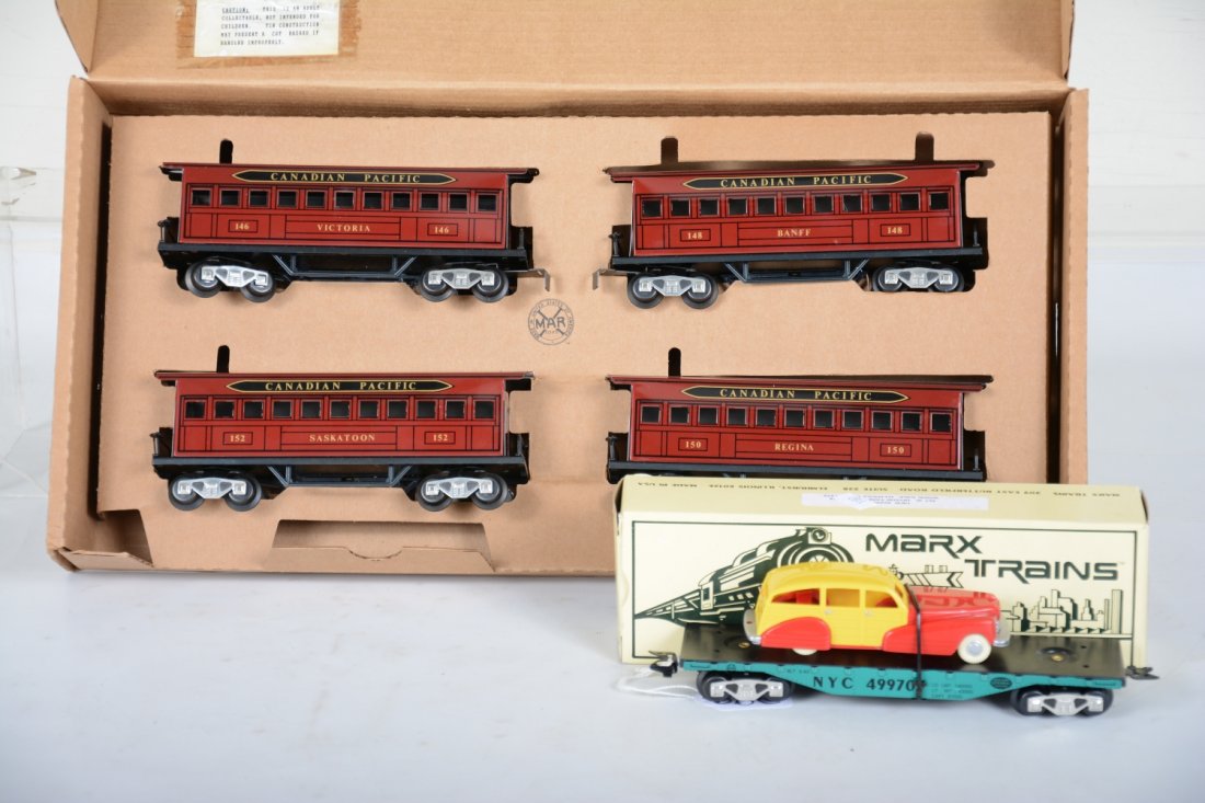 Modern Marx Cars: Includes a 5192 CP passenger car 4-pack; 7301 flat with station wagon. All are new in boxes, C9-10