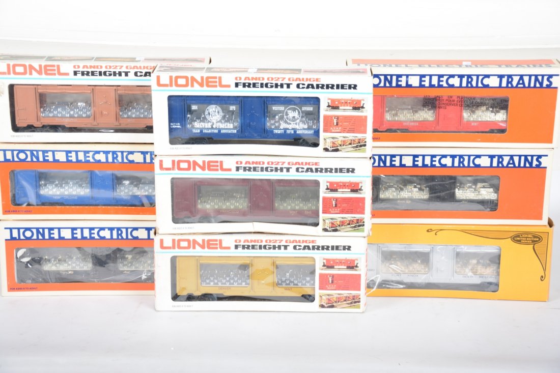Lionel Mint Series Freight Cars: Includes 9320 Fort Knox; 7517 Philly; 7515 Denver; 9349 Gold; 9319 TCA(no coin); 2 #7518 Carson City; 7522 New Orleans; 7530 Dahlonega. All are new in boxes, C10
