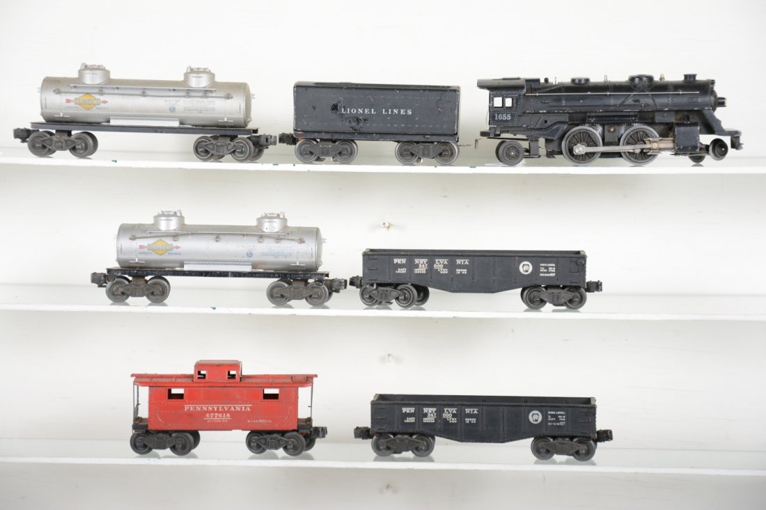 Lionel 1655 Steam Freight Set: Includes a 1655 steam loco; 1654W tender; 2 #6465 tank cars; 2452 gondola; scarce 6452 gondola(the only set this car came in); 2472 PRR caboose. All show moderate playwear, dirty, C5+-6