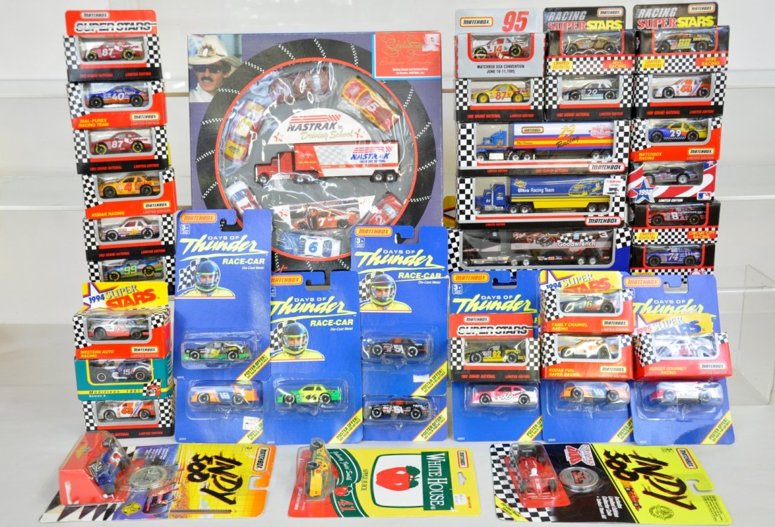 38 Matchbox NASCAR Vehicles & Sets: Includes Rodney Coms & Richard Petty Gift sets; 8-1991 Days Of Thunder cars; 3 Team Matchbox haulers and many race cars. All are sealed in packaging, C10