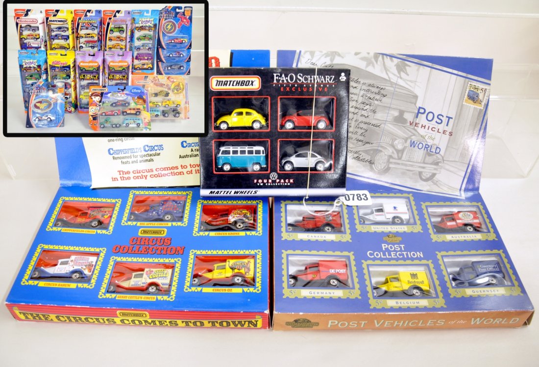 Matchbox Superfast Comics & Gift Sets: Includes 3 Matchbox Gift Sets, the 2000 FAO Schwarz VW 4pk(retailed price $24); 1995 Collectibles series Post vehicles of the World 6-pk; 1994 The Circus Comes to Town 6-pack. Plus 15 cartoon Vehicles