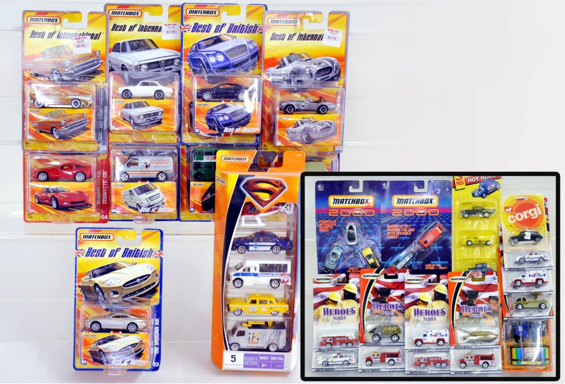 Nice Group Matchbox Superfast Vehicles & Sets: Includes 9 -2008 "Best Of" series singles & a 2006 Superman 5pk. Plus 15 pieces including 2 carded 2000 Magnetic minis; 1992 3-pk Hot Rods; 11 -2001 & 3 Hero Vehicles; Mork & Mindy car; Plus a Corgi J