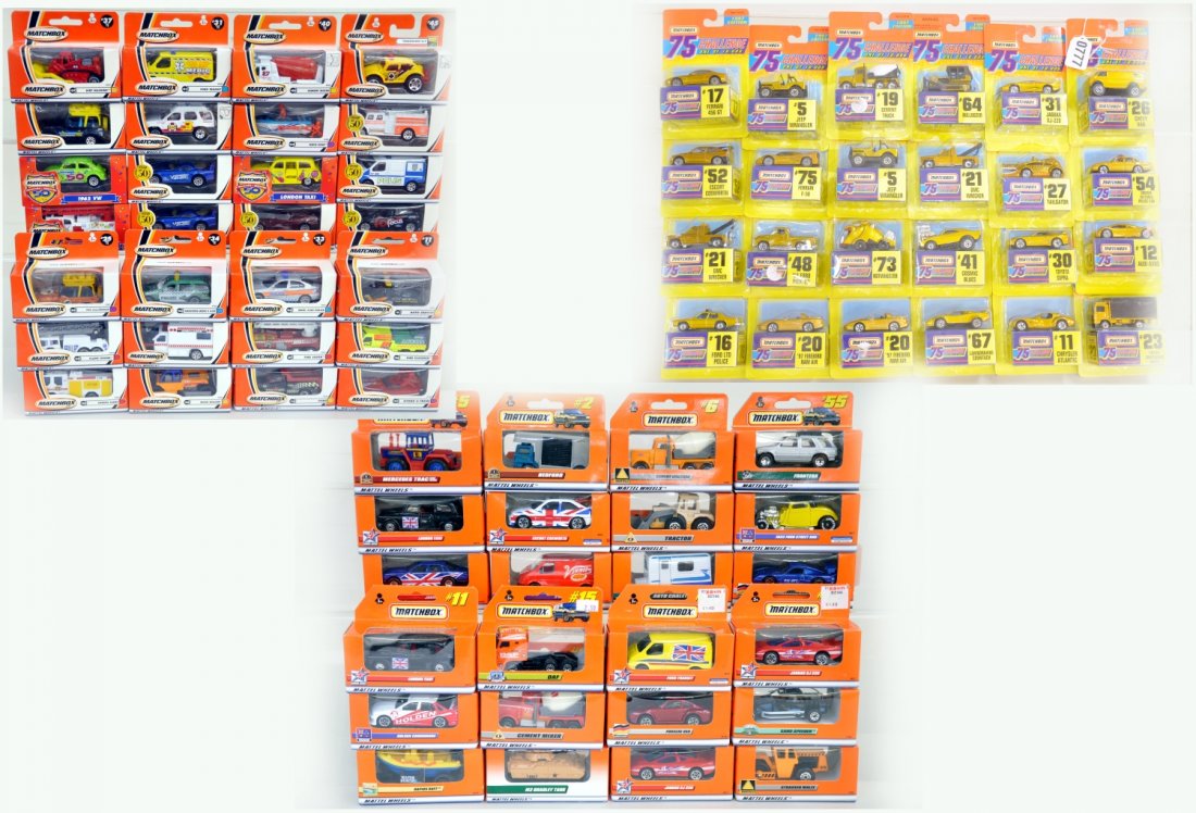 70+ Matchbox Vehicles: Includes about 28 Cellophane window boxed vehicles, including 2001 series with some 50th Birthday issues. 24 Matchbox 1997 Challenge Series Vehicles, all gold colored vehicles produced in 10K gold pla