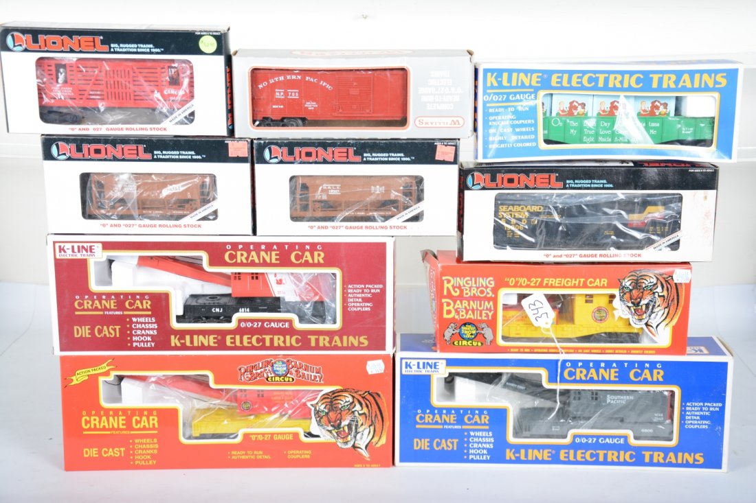 Lionel & K-Line Freight Cars: Includes K-Line K6810 & 6861 Ringling Bros Circus crane & work caboose; 6806 SP crane; 6814 CNJ crane; Christmas Gondola; Williams NP Boxcar; Lionel- 19206 Seaboard boxcar; 16638 Louisville Circus ani
