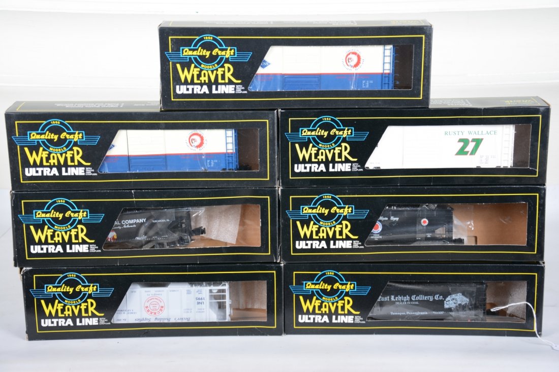 Weaver Ultra Line Freight Cars: Includes 19950 LVNE hopper; gray LNE hopper; RBMN 19972 Tuscarora hopper; LNE 19971 East Lehigh hopper; 2 #1997 RDG PS-2 boxcars; Rusty Wallace boxcar. All are new in boxes, C10