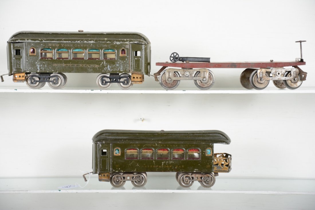 Early Lionel Standard Gauge Cars: Includes an 11 flat car, missing 1 end rail; 35 Pullman; 36 observation, all show moderate to heavy playwear, C4-5