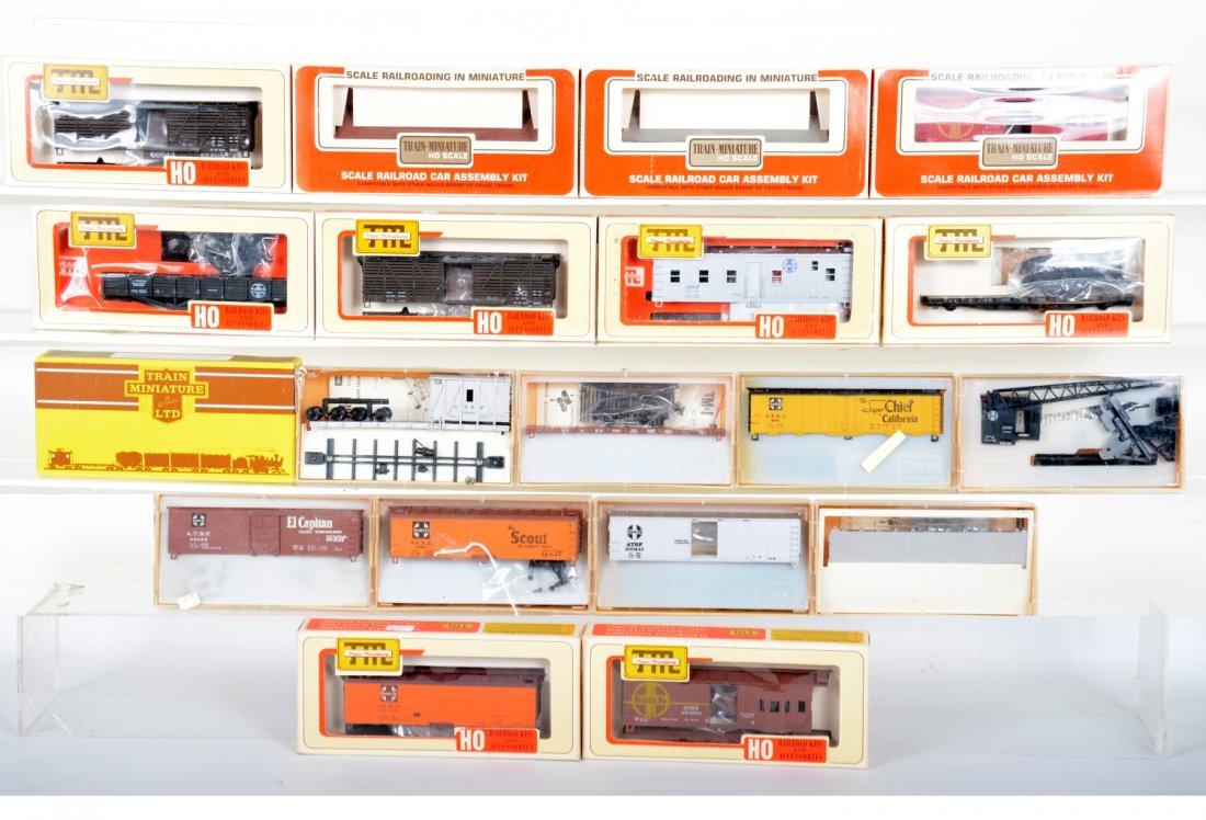 18+ TMI Santa Fe HO Freight Car Kit Assortment: Nice assortment with cranes, boom tenders; flat cars, reefers, brace gondolas and more. Mixture of early and late packaging, all new in boxes, C10