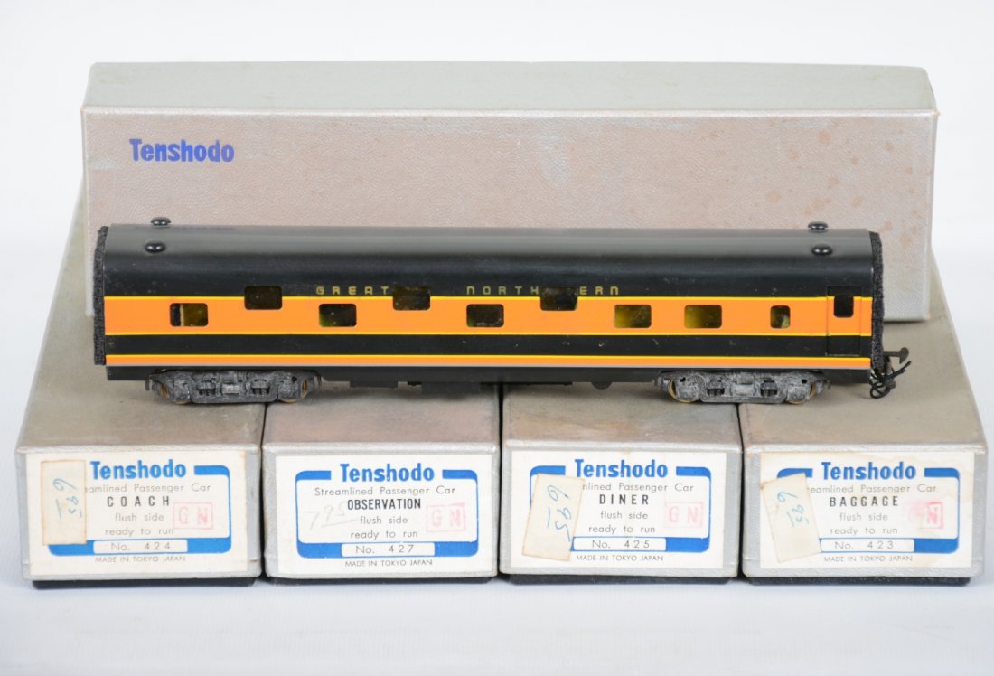 5 Tenshodo GN Streamlined Pass Cars: Includes 423 baggage, 424 coach, 425 diner, 426 sleeper & 427 observation, all Factory painted, HO Gauge. Excellent, Light to moderate run-time, Signs of handling, Very minor paint flaws, may have min