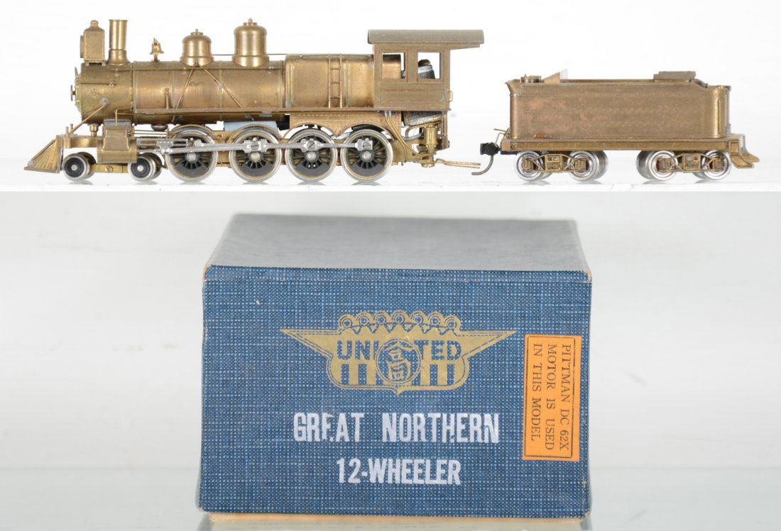 United Brass GN 12-Wheeler 4-8-0: Pittman DC 62X motor. HO Gauge. Like New, test or very light signs of operation, may have light dust from display, light signs of handling, may have some tarnishing to finish. Original box, C9