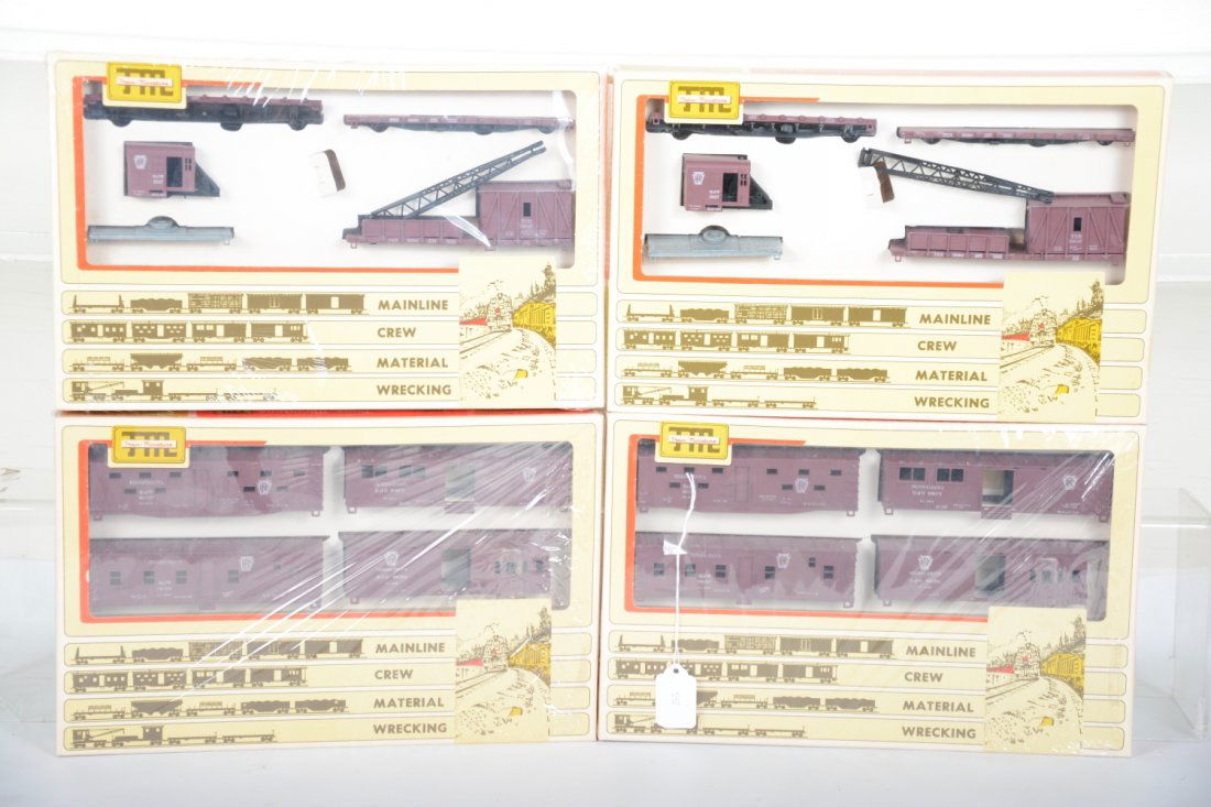 2 Sets TMI HO PRR Wreck Train Sets: Includes 2 #8731 4pk crew cars; 2 #8737 4pk wrecking cars. All are new in display boxes, some sealed, C10