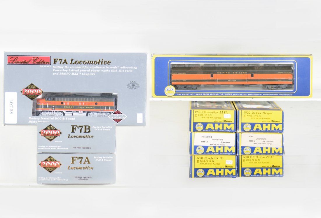 Proto 2000 & AHM GN Empire Builder Set: Includes Life-Like Proto 2000 F7 ABA diesels, all powered each with DCC & Sounds; 7 AHM Streamline pass cars, all appear unrun, obs C10