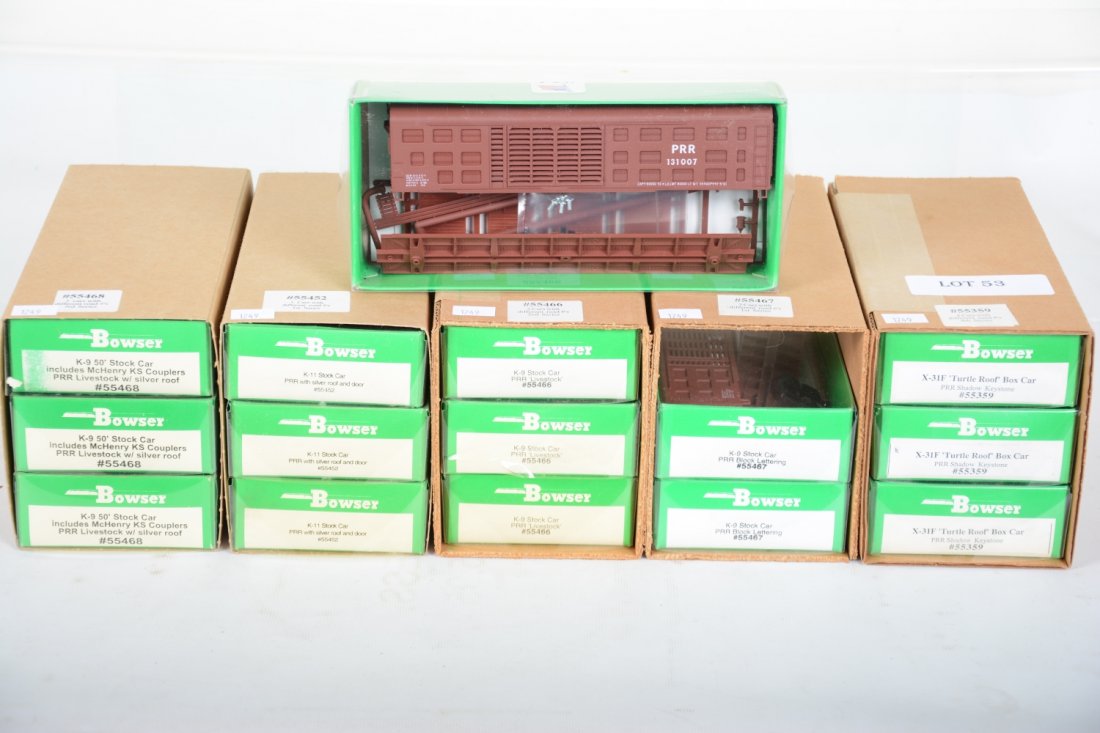 5 3-pack Bowser Freight Cars: Includes 55466 PRR stock; 55452 PRR stock; 55468 PRR stock; 55359 PRR boxcar; 55467 stock cars, all different road numbers, sealed in boxes, C10