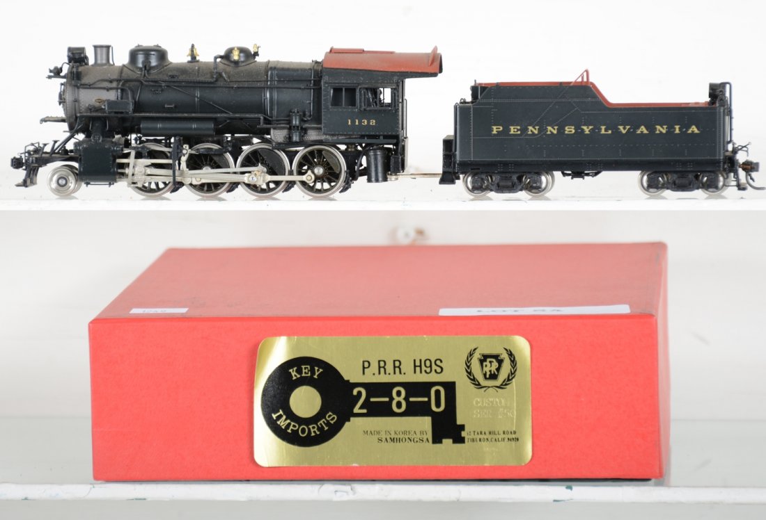 Key Brass PRR 2-8-0 #1132: Factory painted. HO Gauge. Like New to Mint, unrun, may have minor dust from display, near perfect paint, may have some tarnishing to finish. Original box, C10