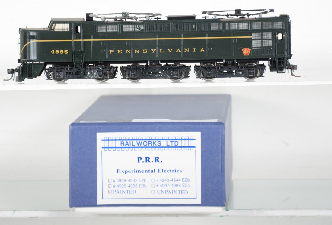 Rail Works Brass PRR Experimental Electric #4995: Factory painted, dusty HO Gauge. Like New to Mint, unrun, may have minor dust from display, near perfect paint, may have some tarnishing to finish. Original box, C10