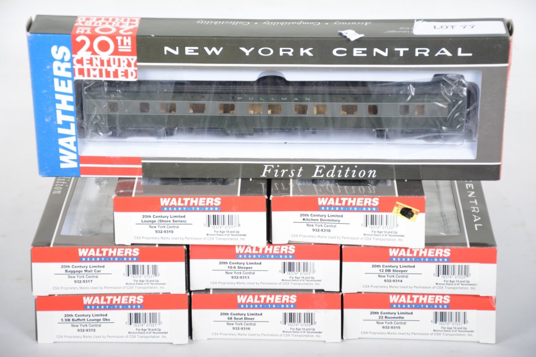 9 Walthers HO 20th NYC Century Limited Pass Cars: Includes 932-9317 mail/baggage; 5 DB buffet, 4-4-2 sleeper; 12 db sleeper; 10-6 sleeper; 68 seat diner; 22 roomette; lounge; kitchen dormitory, all new in boxes, C10
