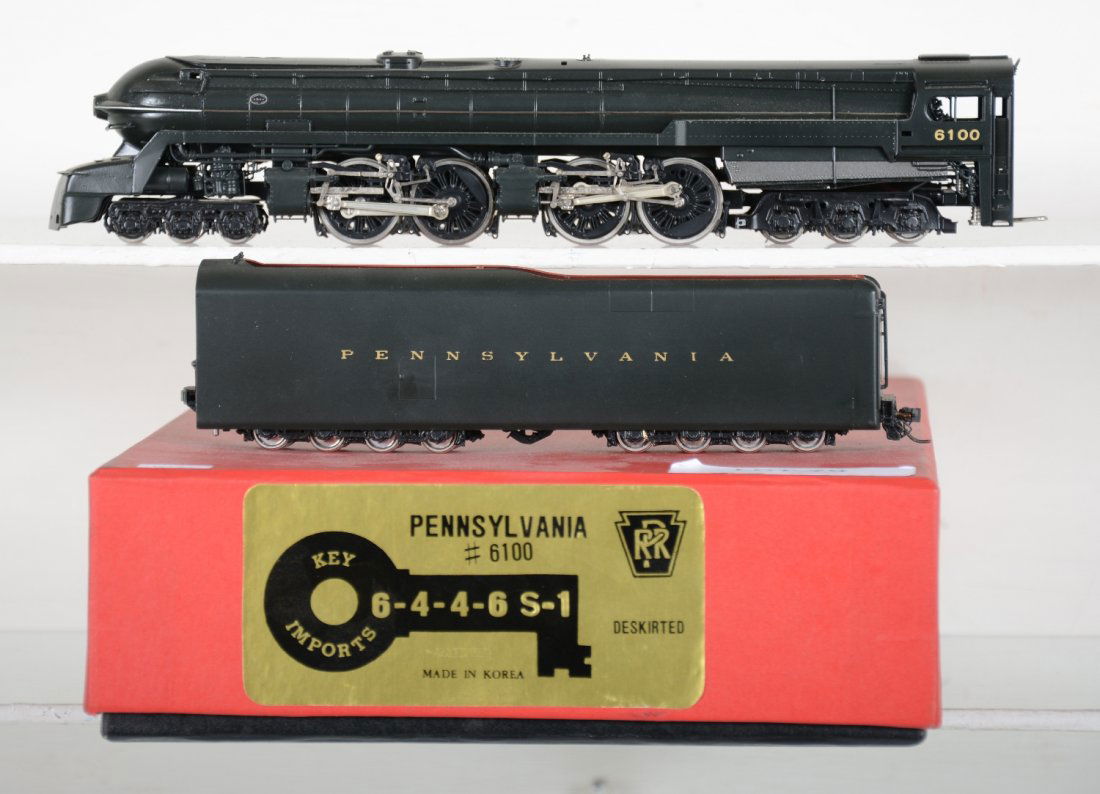 Key Brass PRR 6100 S-1 6-4-4-6 Loco: Factory painted. HO Gauge. Like New to Mint, unrun, may have minor dust from display, near perfect paint, may have some tarnishing to finish. Original box, C10