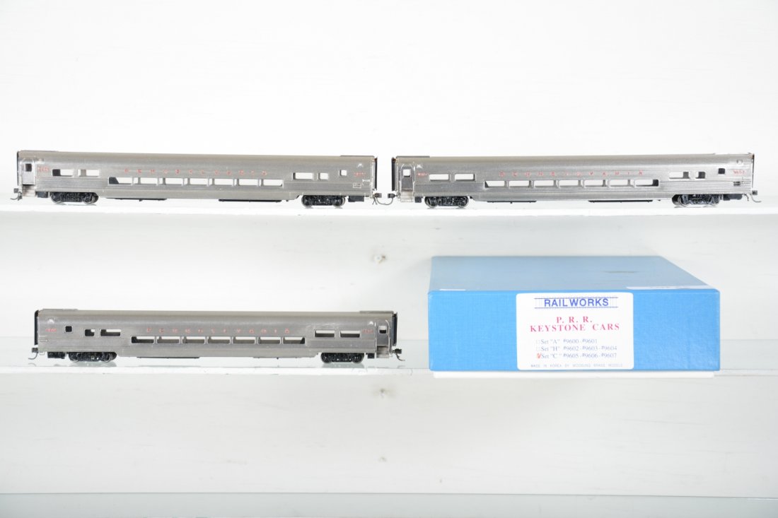 Rail Works/Woosung Brass PRR Keystone Cars: 3-car set 9605, 6 & 7. HO Gauge. Excellent, Light to moderate run-time, Signs of handling, Very minor paint flaws, may have minor decal wear, but presentable. Dusty from display with original box, C8