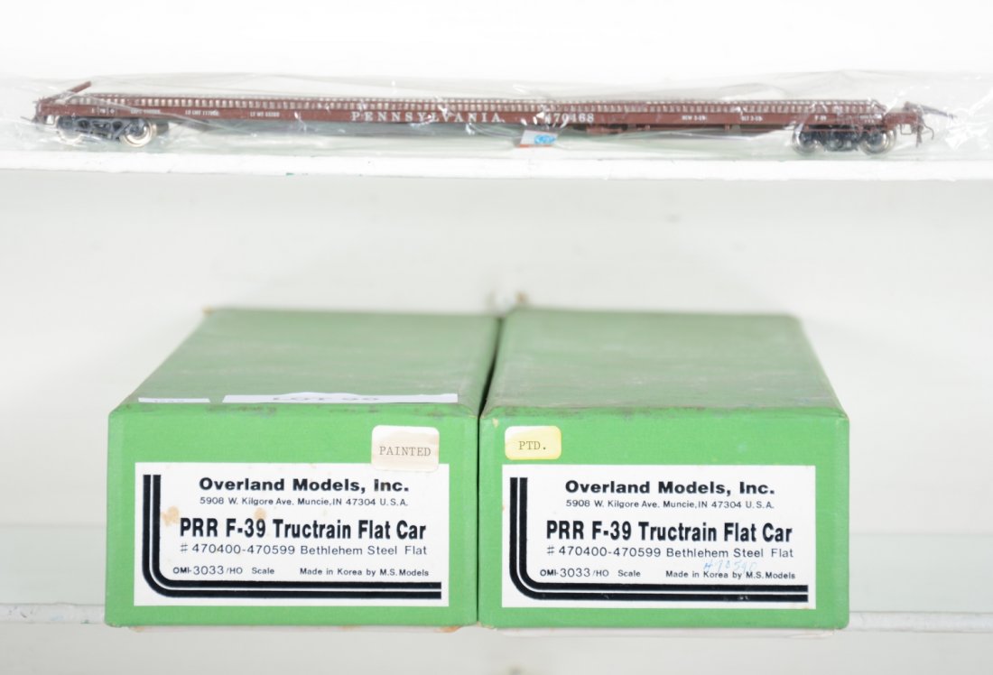 2 Overland Brass PRR F-39 Trucktrain Flatcars: Different road numbers. HO Gauge. Like New to Mint, unrun, may have minor dust from display, near perfect paint, may have some tarnishing to finish. Original box, C10
