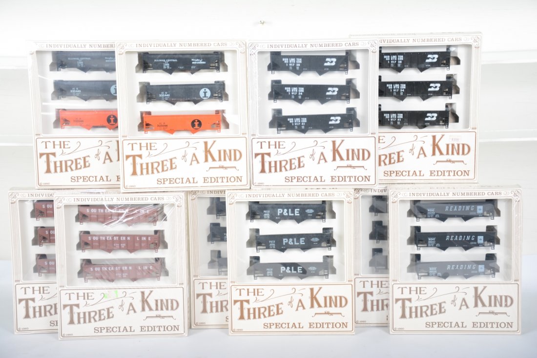 5 Pairs TMI HO Hopper 3-pack Kits: Includes different number cars, 3-packs with 2 Southeastern; 2 Illinois Central; 2 Burlington northern; 2 Pittsburg & Lake Erie; 2 Reading. All sealed in display boxes, C10