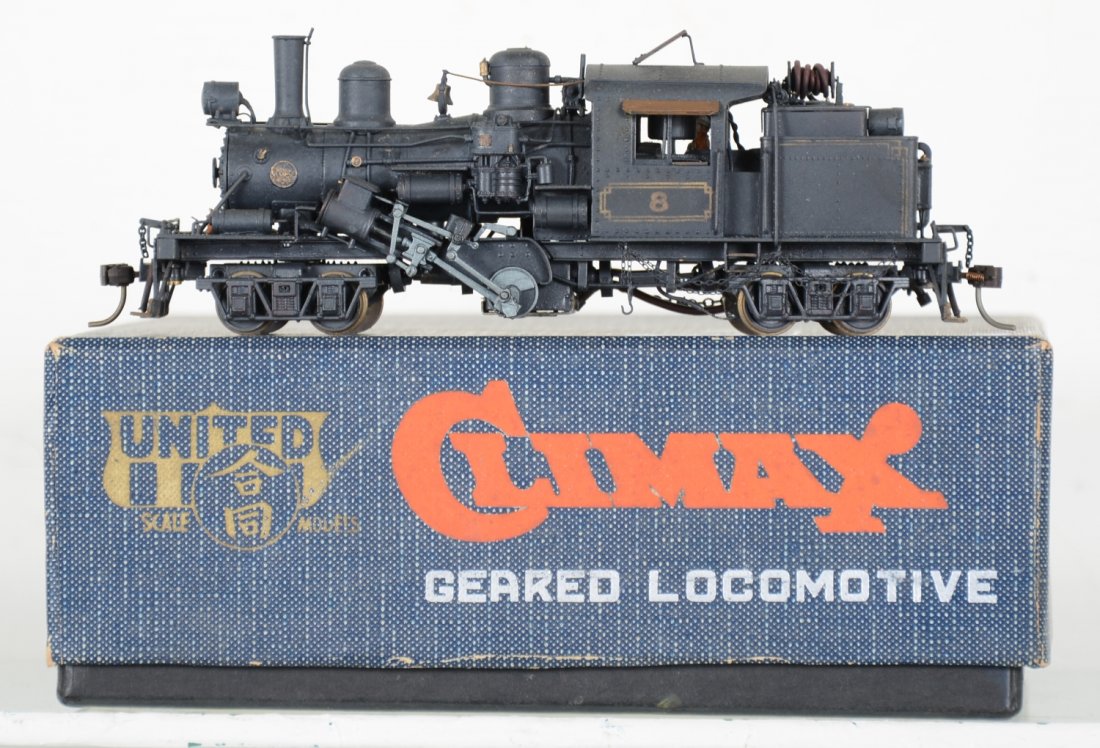 United Brass Climax Logging Locomotive: Factory painted with figures. HO Gauge. Like New to Mint, unrun, may have minor dust from display, near perfect paint, may have some tarnishing to finish. Original box, C10