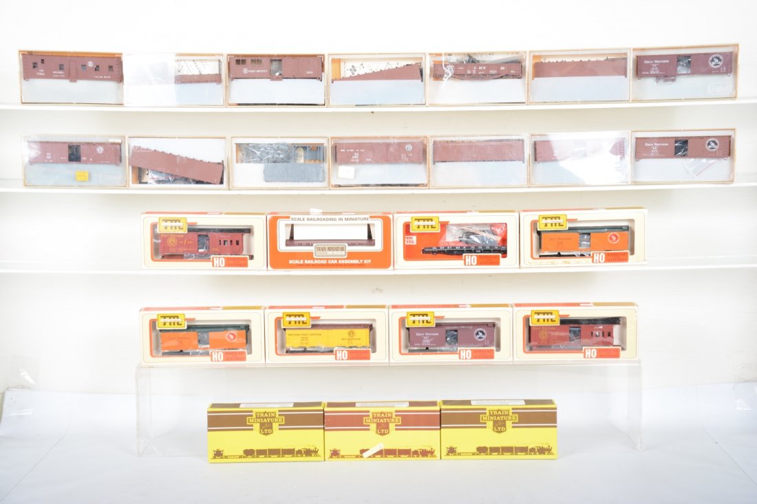 24+ TMI GN HO Freight Car Kit Assortment: Nice assortment of Great Northern rolling stock with cranes, boom tenders; flatcars, reefers, brace gondolas and more. Mixture of early and late packaging, all new in boxes, C10