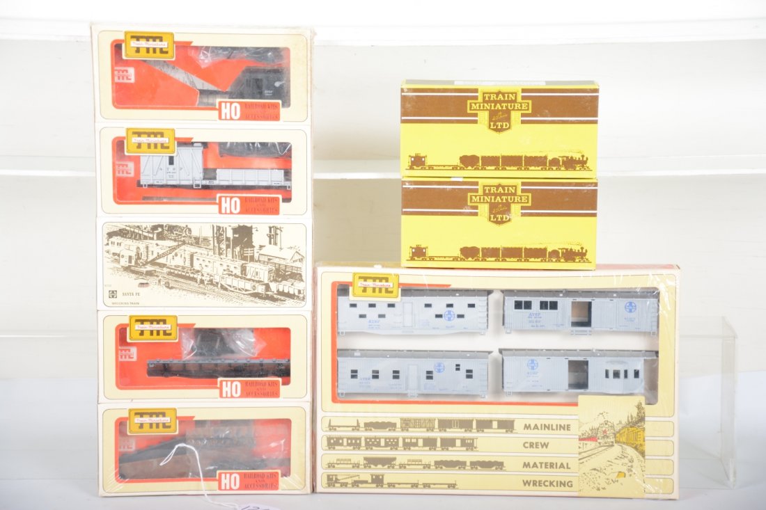 TMI HO Santa Fe Work Train Car Kits: Includes 4-pack wrecking cars; 4-pack crew cars, plus 2 crane tender kits, all sealed or new in boxes, C10