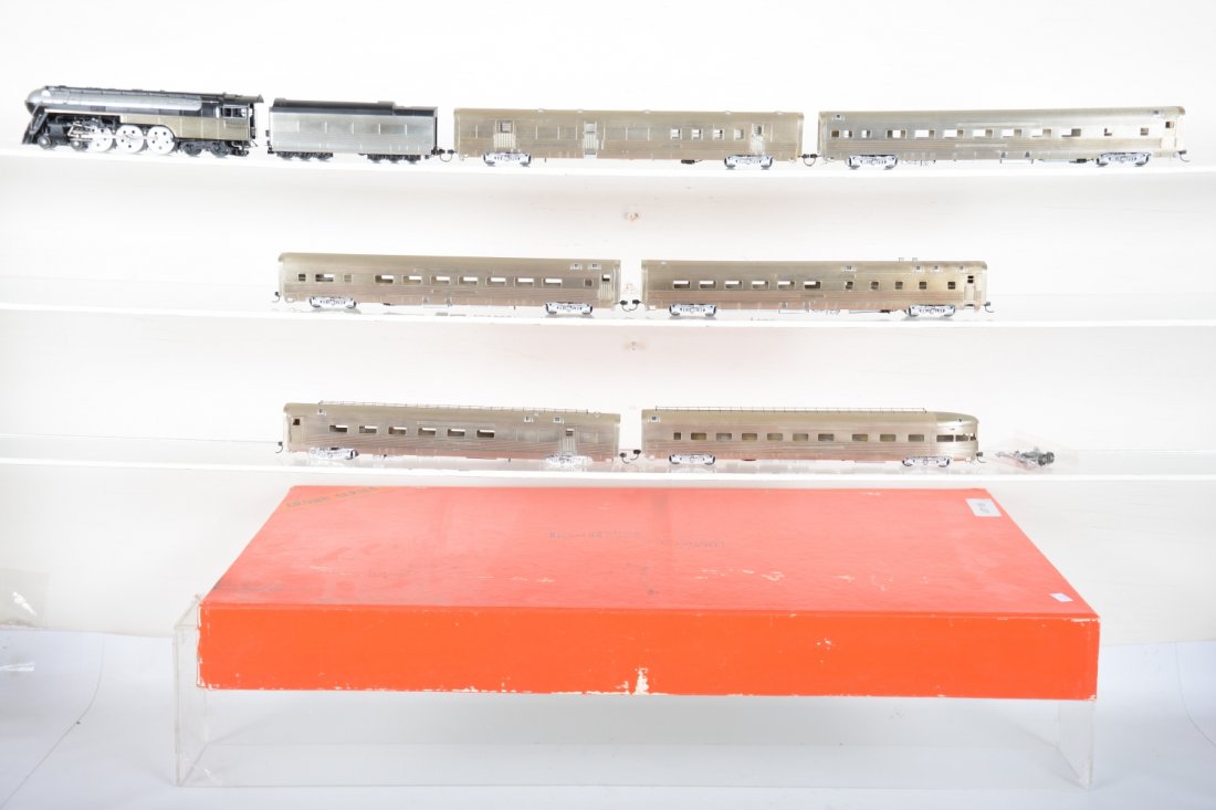 Precision Scale Brass NYC Empire State Express 15332: Includes a 4-6-4 streamline loco with 6 non lettered cars, combine need repair to trucks. Has set box and shows some tarnishing to cars, C8-9