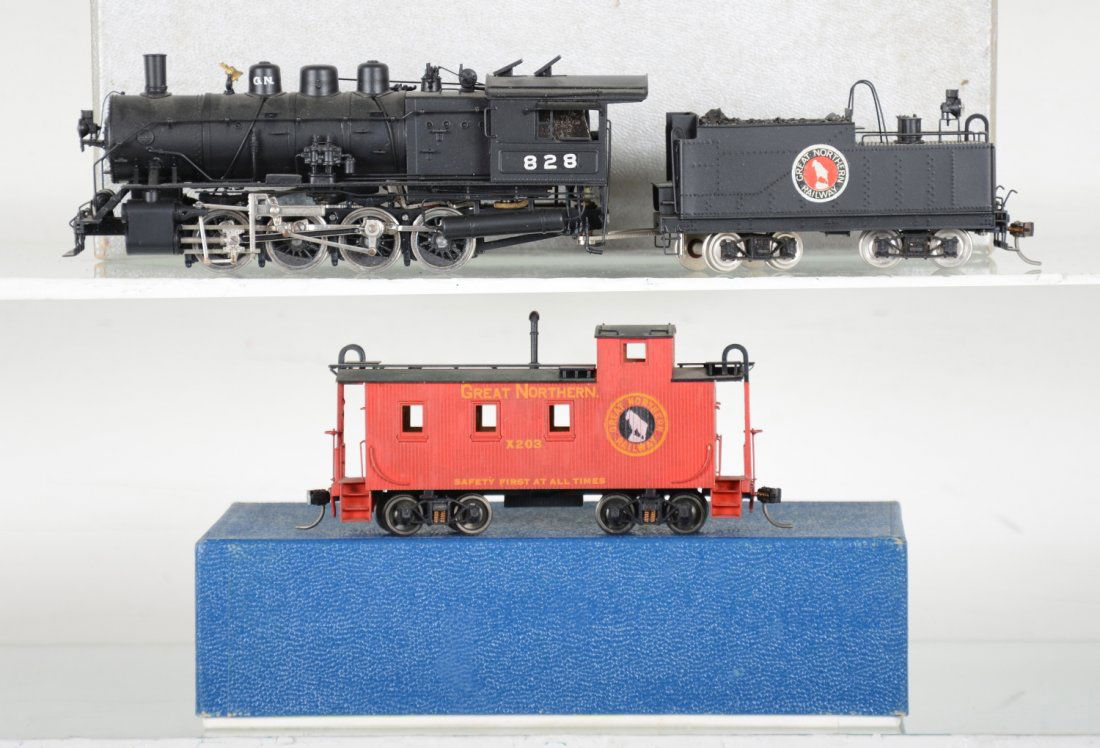 Tenshodo GN 0-8-0 C-1 with Caboose: Loco is Factory painted. HO Gauge. Like New to Mint, unrun, may have minor dust from display, near perfect paint, may have some tarnishing to finish. Original box, C10; Plus a Lambert Great Northern 9