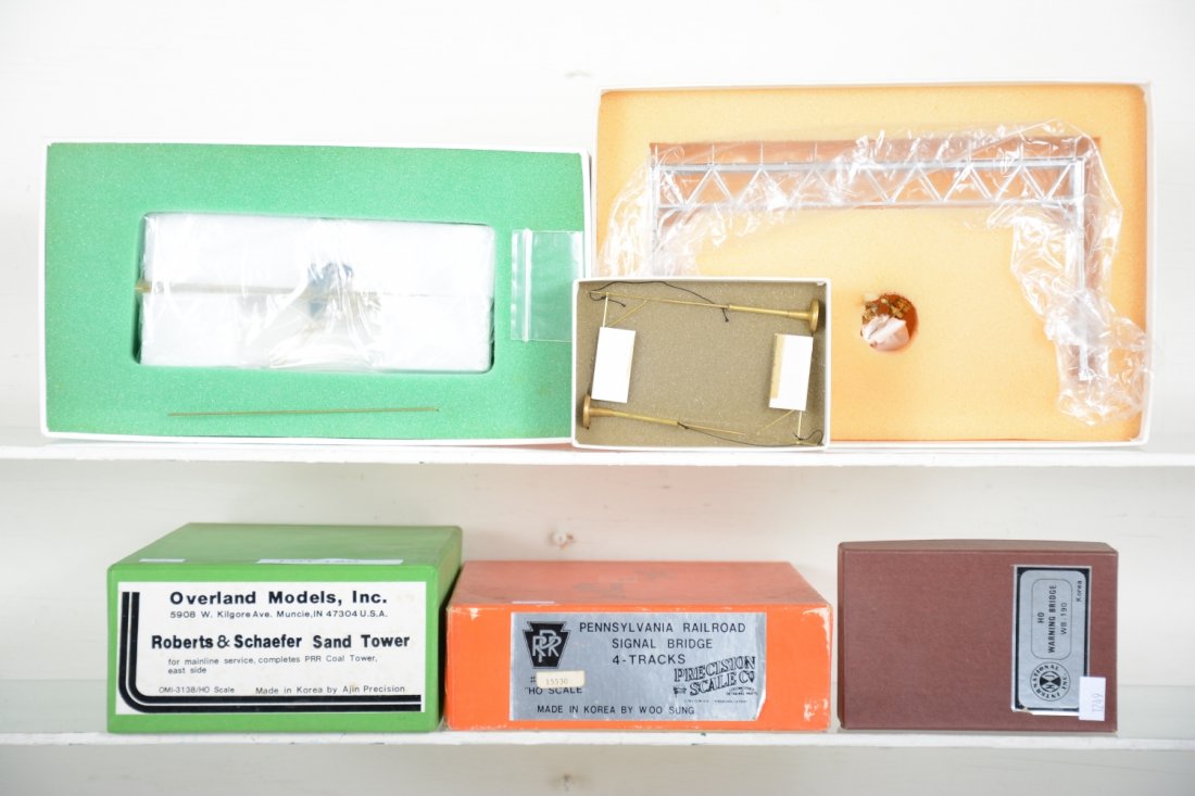 3 Brass HO Accessories: Includes an Overland/Ajin Roberts & Schaefer sand tower; Precision Scale 4-track signal bridge, Factory painted; Custom Brass WB190 warning bridge. All new in boxes, C10